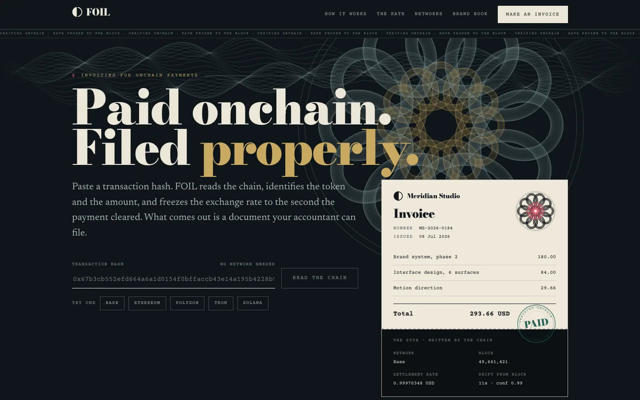 FOIL · Invoices for onchain payments: the app + the identity
